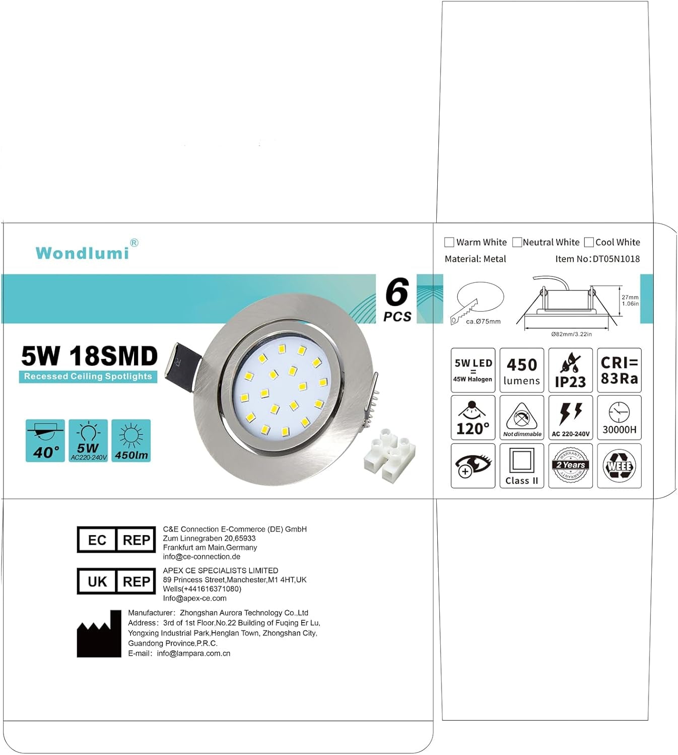 6X 5W Faretti LED Da Incasso per Cartongesso Orientabile 40°,450LM Luce Naturale,Foro 70-75Mm per Interno Cucina,Ultra Slim 30Mm,Faretti Led Soffitto 220V