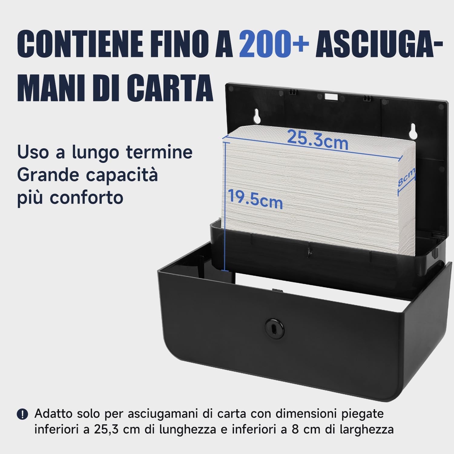 Dispenser Carta Asciugamani Da Parete, Dispenser Di Asciugamani Con Piega a V Compatibile Con Piega a C, Adatto per Carta Piegata Dimensioni 25,3X8 (Cm), Può Contenere 200 Asciugamani Di Carta