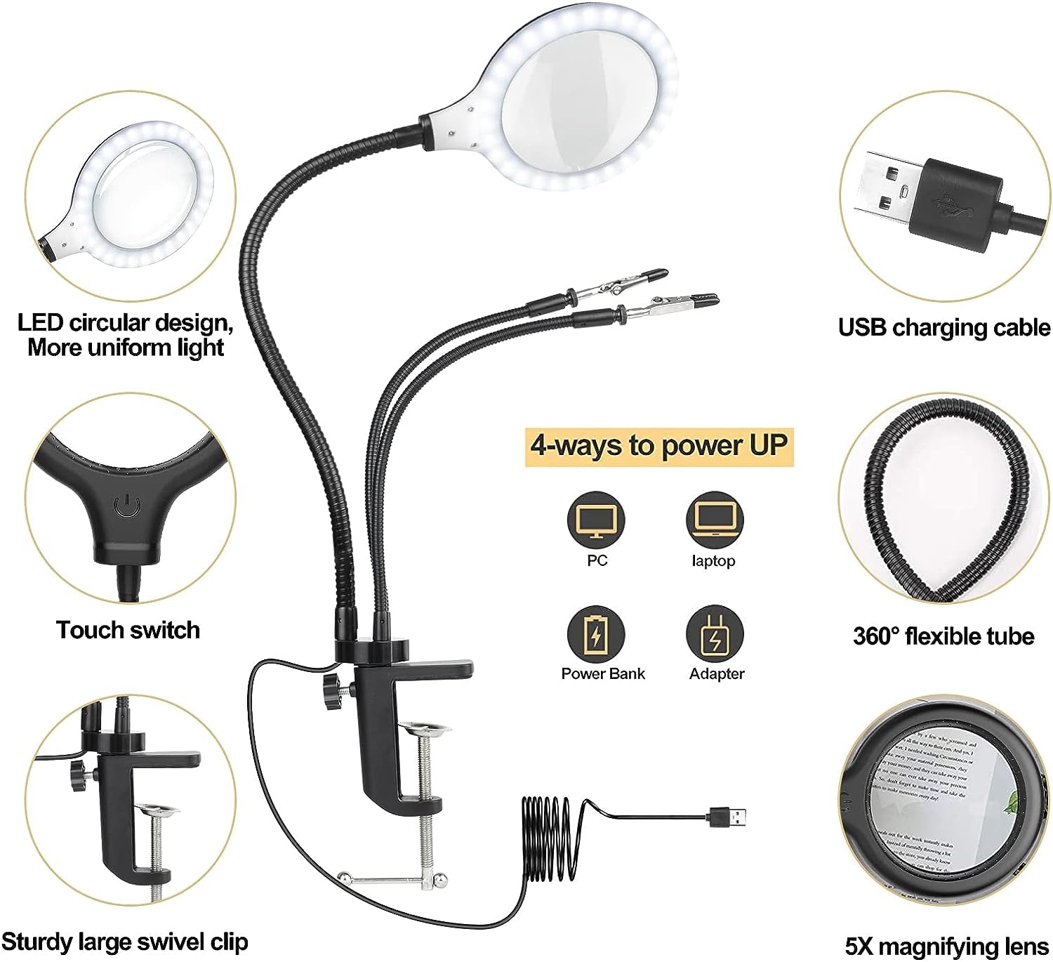 Terza Mano Con Lente D'Ingrandimento E Luce,5 X Luci per Saldare a Mano,Lampada Artigianale Con 30 Luci LED Dimmerabili,Saldare a Mano,3 Braccia,Ingrandimento Da Lettura Illuminata,Il Cucito,Gli Hobby