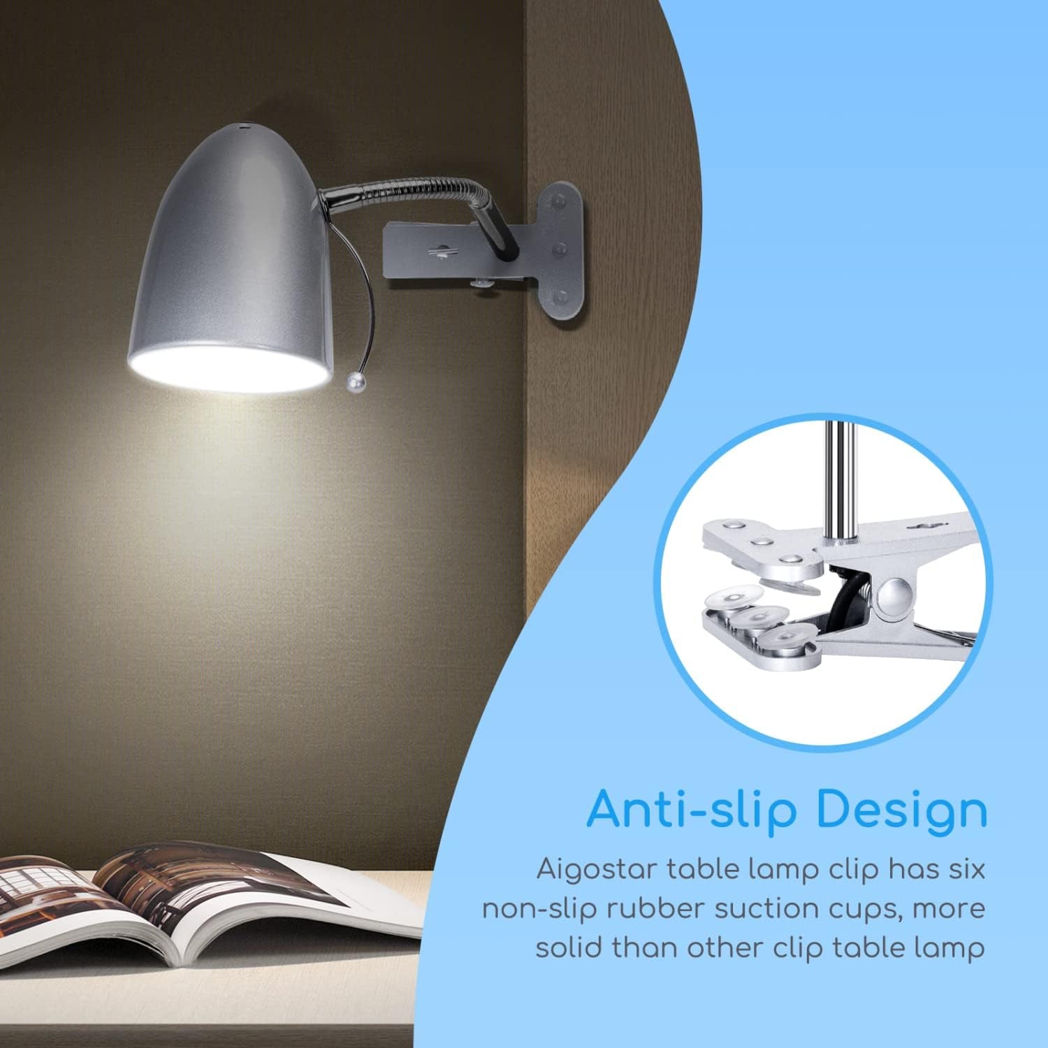 Lampada Da Lettura Con Pinza， Lampada Da Scrivania Vintage Con Clip，Compatibile Con LED Lampadinea a Modello E27，Max. 11W，Lampadina Non Inclusa，Con Metallo Braccio Regolabile E Cavo，Argento