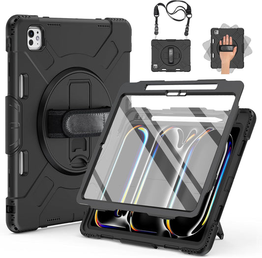 Custodia per Ipad Pro 11 2024 5A Generazione Custodia per Ipad Pro 11 Pollici (M4) 2024 Con Portapenne, Supporto Girevole/Cinturino Da Polso, Spallacci, Nero