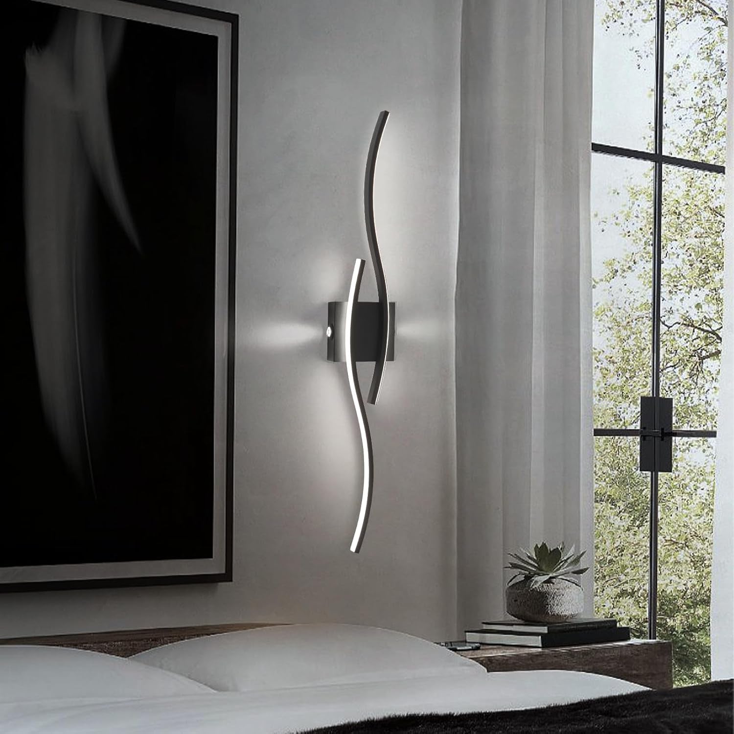 Lampada da Parete a LED per Interni, Lampade da Parete Moderne Nere LED con Sorgente Luminosa Ausiliaria su Entrambi i Lati, Lampada da Parete Curva Creativa per Scale Corridoi Soggiorno - Luce Bianca Fredda 28W 80Cm.