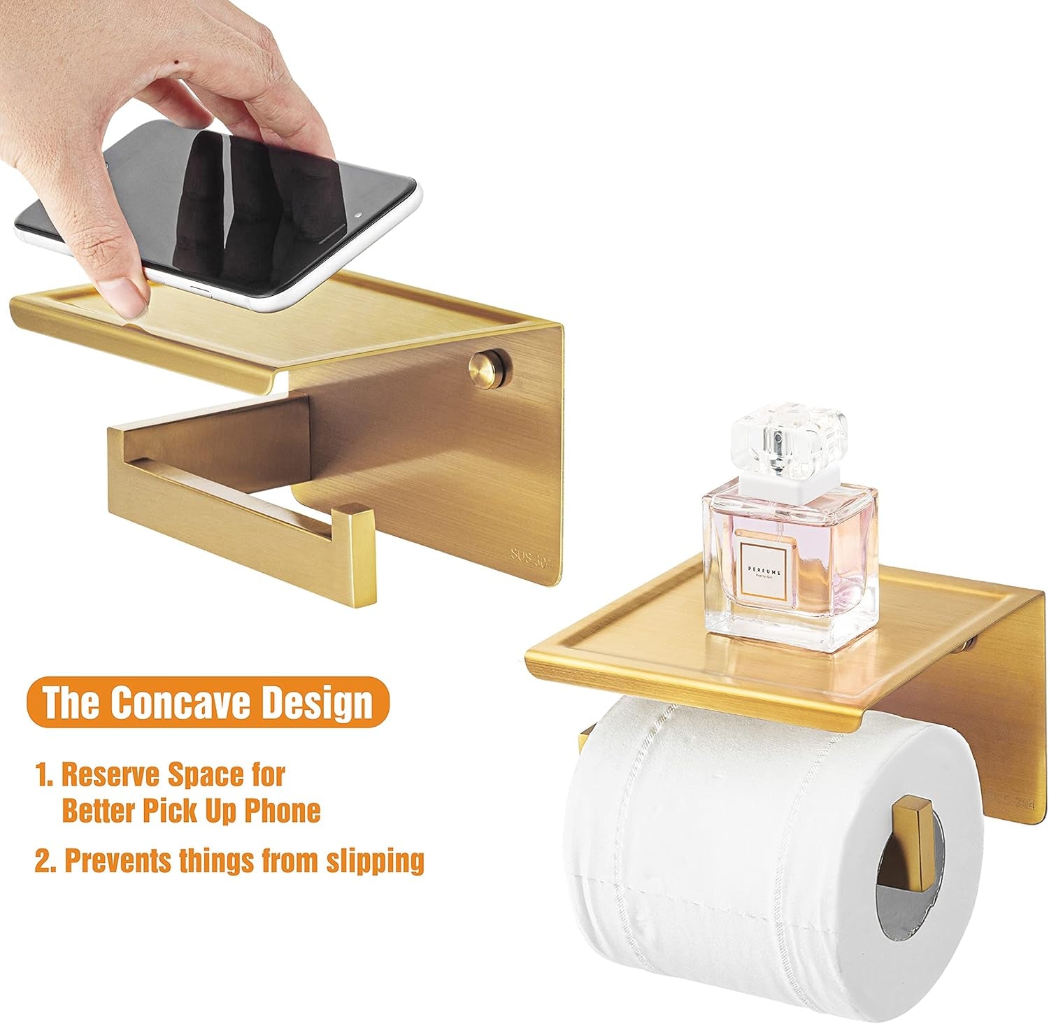 Porta Rotolo Carta Igienica Da Parete Con Porta Cellulare Senza Foratura Portarotolo Carta Igienica Adesivo Acciaio Inox Portacartaigienica per Gabinetto Bagno - Ottone Spazzolato