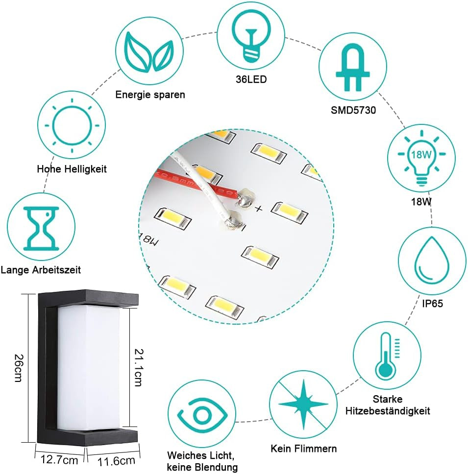 Lampada Da Parete a LED, 18 W, IP65, Impermeabile, per Giardino, Anteriore, Bagno, Veranda, Garage, Bianco Caldo, 3000 K, in Alluminio, Rettangolare, per Esterni, 260 X 125 X 125 Mm