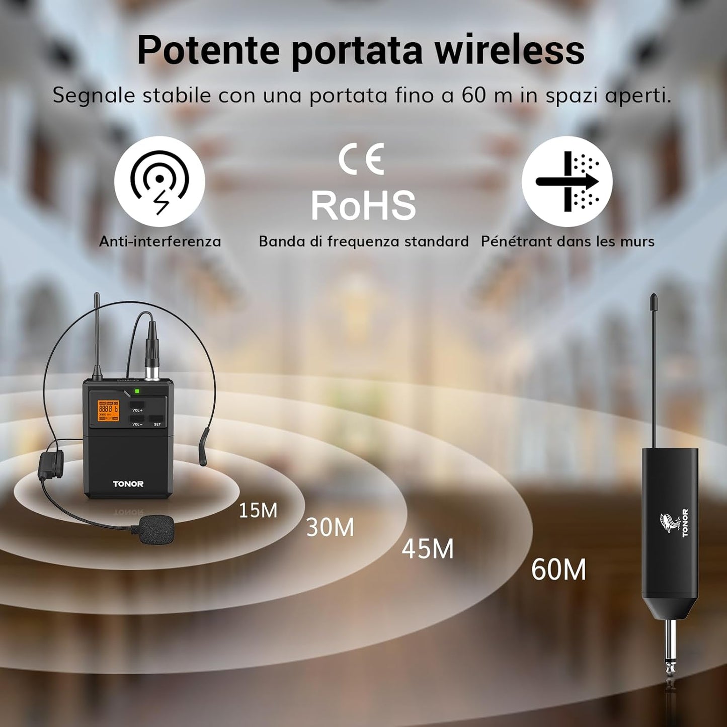 Microfono Wireless UHF Con Microfono Archetto/Lavalier Microphone Lapel Mic E Trasmettitore Bodypack E Mini Ricevitore Ricaricabile 1/4" Uscita, Distanza 60M Segnale Stabile per Prestazioni Live