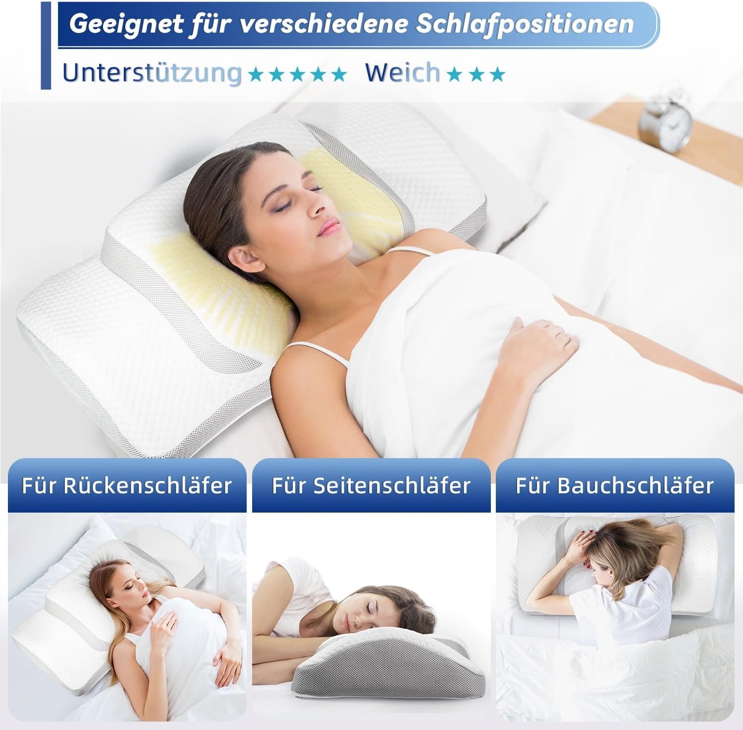 Cuscino Cervicale, Cuscino Ergonomico per Dolori Al Collo, in Memory Foam, Cuscino Ortopedico per Donne, Uomini, Cuscino Anti-Russare per Fianchi, Schiena E Pancia (67,3 X 38,2 X 13,8/3 Cm)