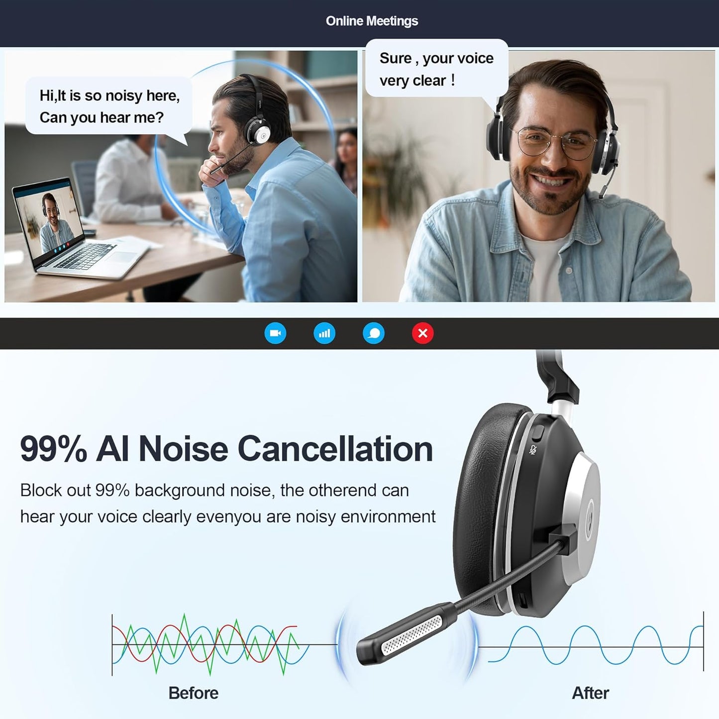 Cuffie Con Microfono, Cuffie Wireless 882BT Con Stazione Di Ricarica, V5.2 Bluetooth Con Microfono Di Cancellazione Del Rumore E Dongle USB, Compatibile Con Computer Laptop Teams
