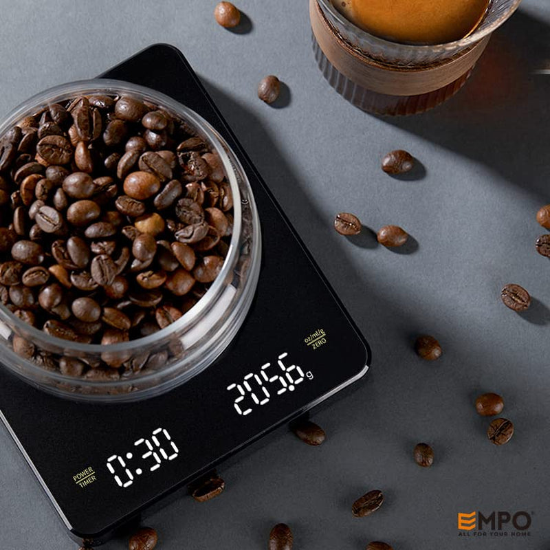 Bilancia Precisione Da Caffè Cucina Digitale Con Timer, Multifunzione per Alimenti Bilance Elettroniche Pro Con Display LED [Funzione Tara] 3000G 0,1 G / 0,1 Once / 0,1 Ml - Nero