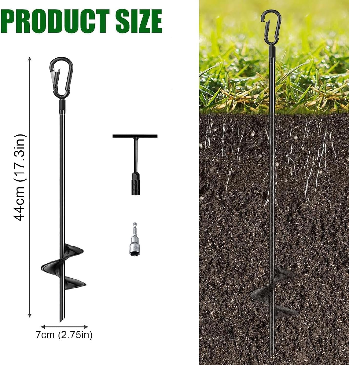 Set di 4 ancoraggi a terra per altalene, tende, trampolini, design con moschettone rimovibile, ancoraggio a terra da 44 cm da avvitare, ancoraggio anti-tempesta per alberi, tende da campeggio, tettoie, capannoni