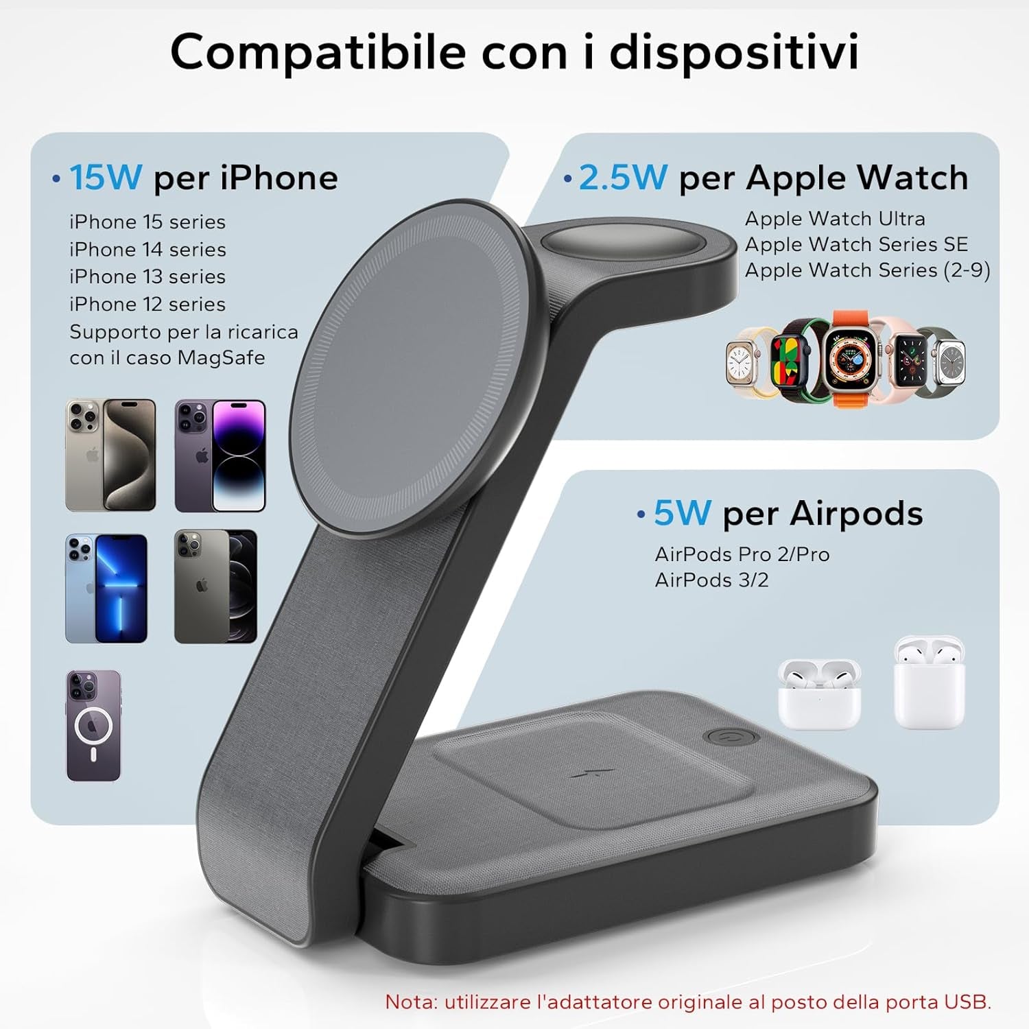 Stazione Di Ricarica Magnetica 3 in 1, Caricabatterie Wireless Pieghevole Stazione Di Ricarica Wireless Compatibile Con Iphone Watch Air-Pods