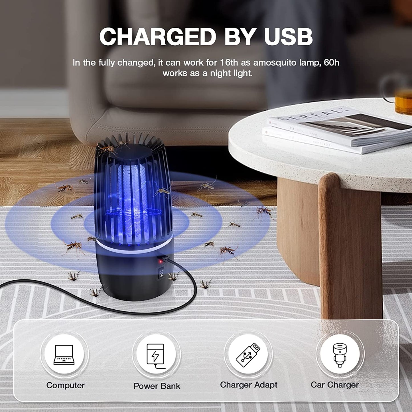 Lampada anti Zanzara, Lampada Elettrica anti Insetti 4000Mah Ricaricabile USB Trappola per Mosca Insetti 360 ° UV Elettrico anti Zanzara Luce Notturna Indoor Esterno Luce Notturna Potente Attraente