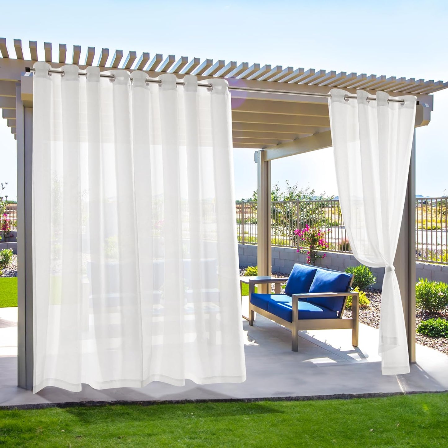 Tende per Esterni Impermeabile 140X214 CM Bianche Con Occhielli 2 Pannelli, Tende Da Esterno in Voile Semi-Trasparenti per Giardino, Balcone E Gazebo