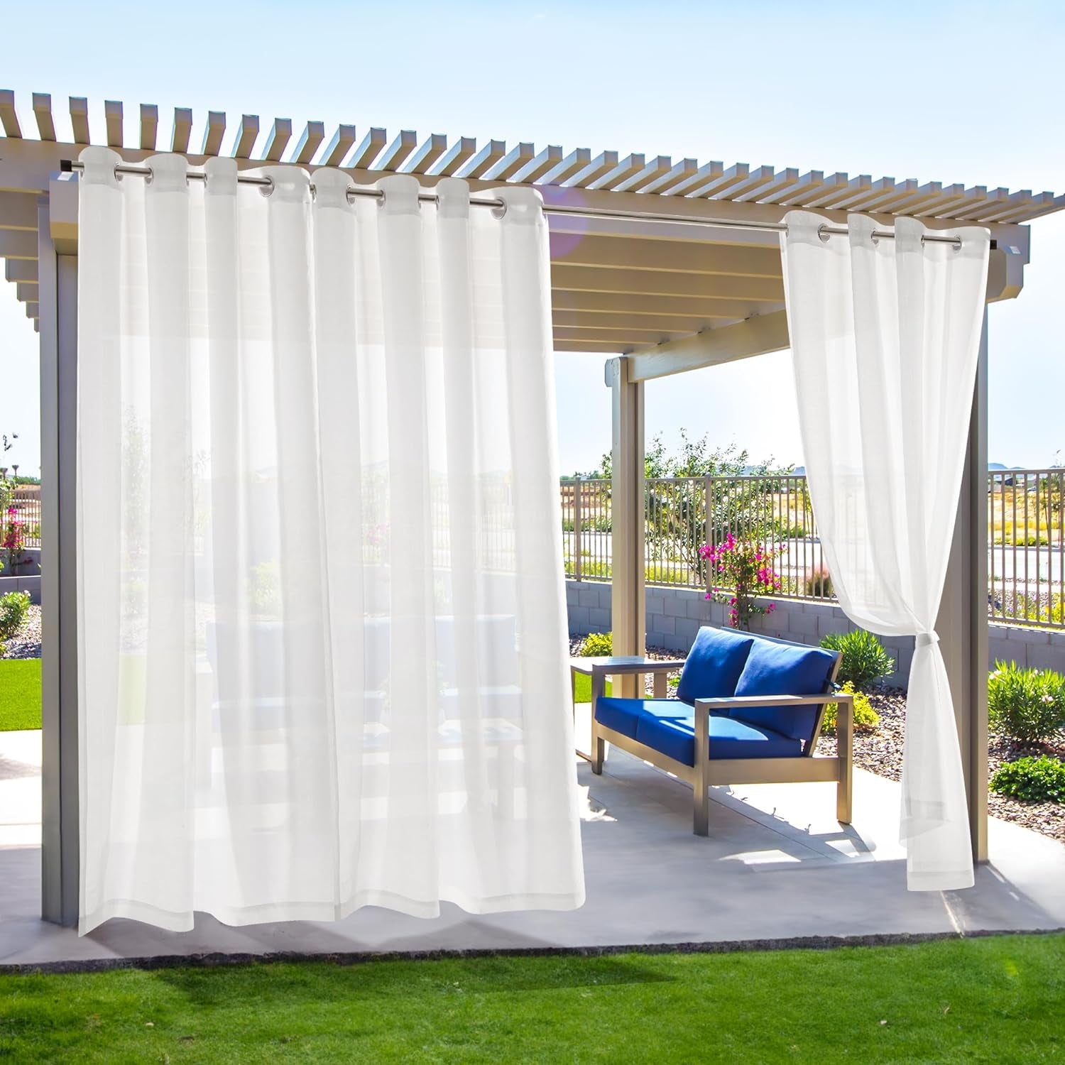 Tende per Esterni Impermeabile 140X214 CM Bianche Con Occhielli 2 Pannelli, Tende Da Esterno in Voile Semi-Trasparenti per Giardino, Balcone E Gazebo