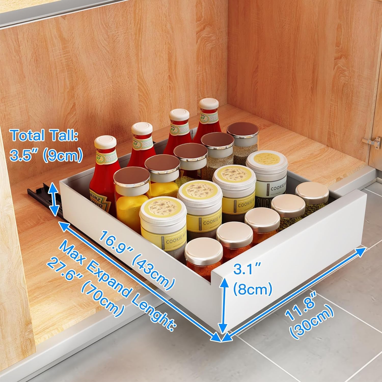 Cassetto Telescopico, Ripiani per Cassetti Estraibili per Armadio Da Cucina, Cassetto Scorrevole Estensibile Estraibile, Senza Bisogno Di Trapano E Chiodi (Bianco, 30 CM L X 43 CM P X 9 CM A)