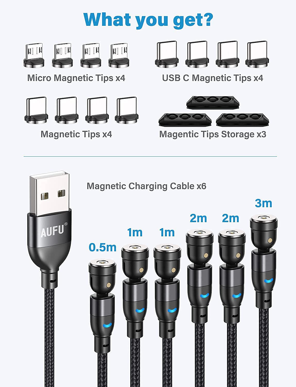 Cavo Magnetico Di Ricarica, USB C [6Pezzi, 0.5M/1M/1M/2M/2M/3M] Tipo C Nylon Intrecciato Cavo Ricarica Micro USB per Smartphone-Nero