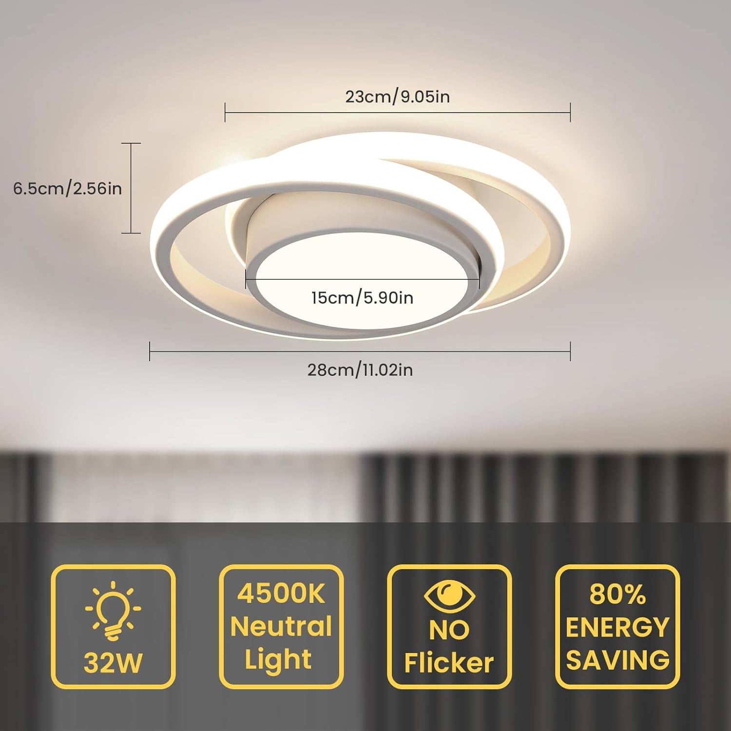 Plafoniere LED, Lampada Da Soffitto 32W 2350LM, Rond Plafoniere Moderno per Soggiorno Cucina Bagno Camera Da Letto Corridoio, Luce Naturale 4500K, Diametro 28Cm