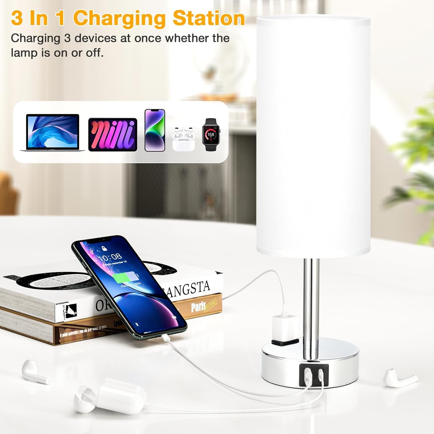 Lampada Da Comodino Touch Dimmerabile, Lampada Da Tavolo Con Porte Usb-C+A+Presa, Paralume Bianco Base Argento, Abat Jour Da Comodino per Camera Da Letto Soggiorno Ufficio(Lampadina Inclusa)