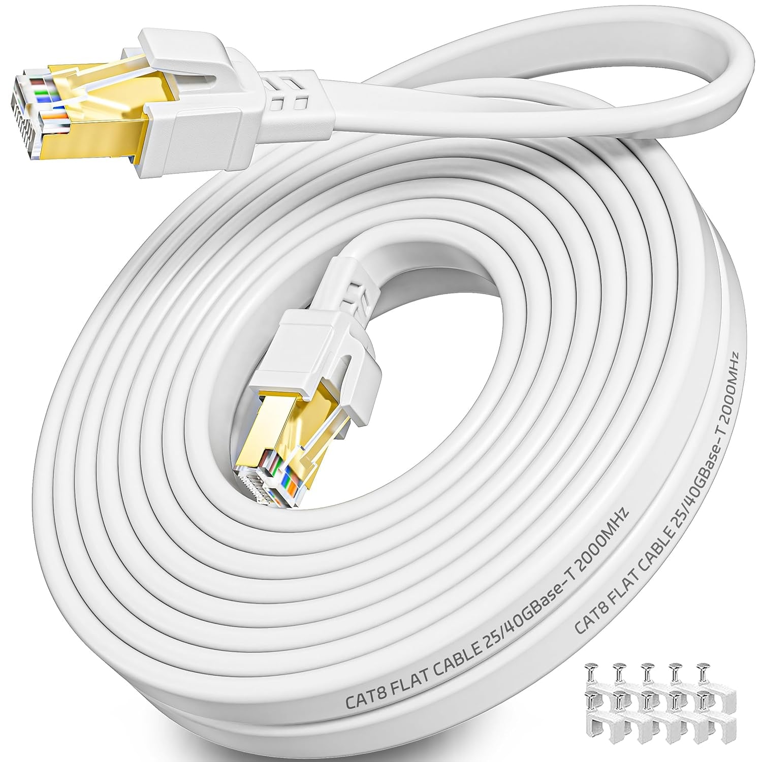 Cavo Ethernet 10 Metri, Cat 8 Cavo Lan 10M Schermato Cavo Di Rete Alta Velocità Fibra Bianco 40Gbps 2000Mhz Cavo Internet 10 Mt Lungo RJ45 Gigabit Filo Lan per Router, Modem, PS4/5 (10 Clips)