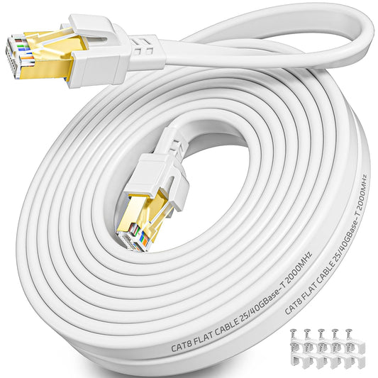 Cavo Ethernet 10 Metri, Cat 8 Cavo Lan 10M Schermato Cavo Di Rete Alta Velocità Fibra Bianco 40Gbps 2000Mhz Cavo Internet 10 Mt Lungo RJ45 Gigabit Filo Lan per Router, Modem, PS4/5 (10 Clips)