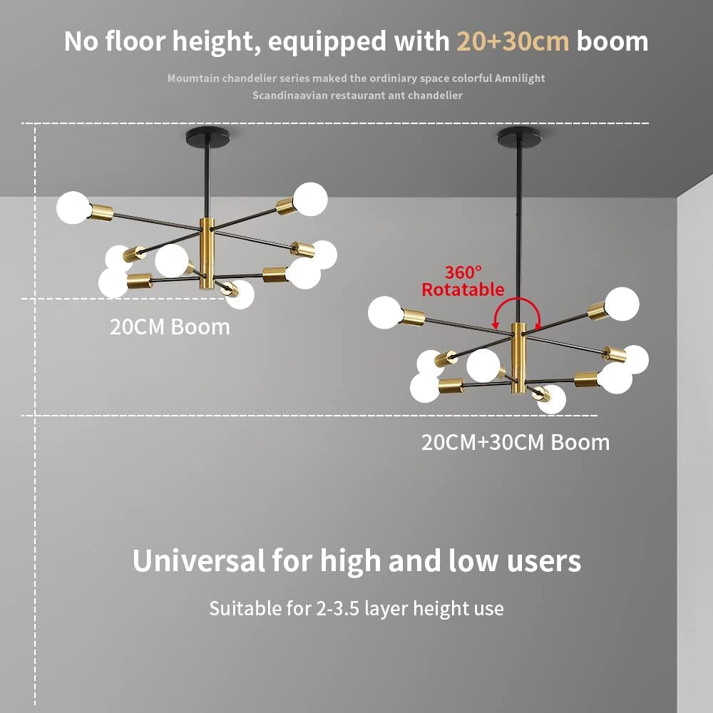 Lampadario Vintage, Lampada a Sospensione Industriale Neri/Oro, 8-Luci E27 Angolo Regolabile Di 360° Lampadario Soggiorno Camera Da Letto Sala Da Pranzo, Dia73Cm (Lampadine Non Incluse)