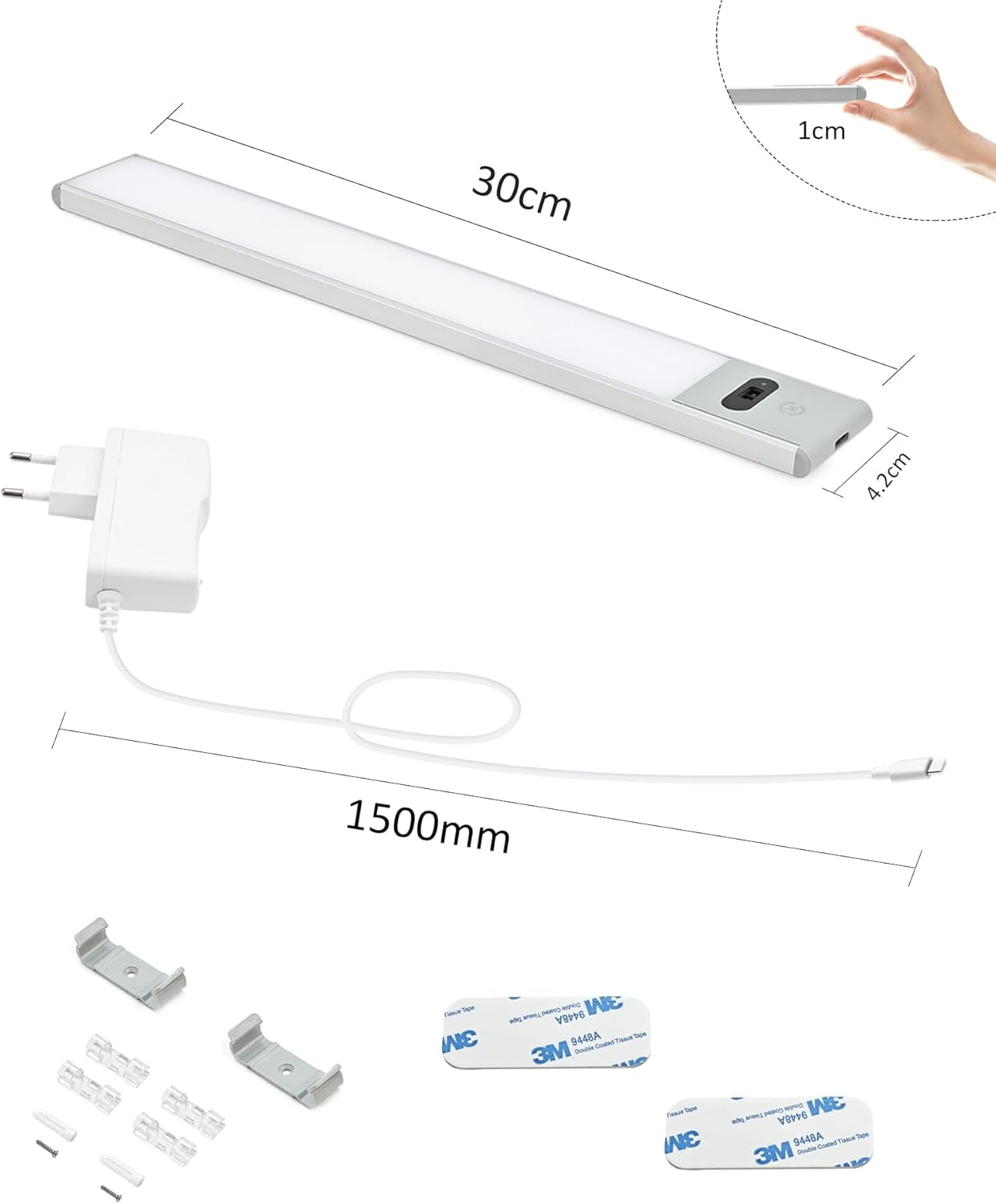 Lampada Da Incasso Da Cucina a LED, Dimmerabile, 30 Cm, Con Sensore Senza Contatto, Illuminazione Da Cucina, 3 Colori, 3000/4000/6000 K, per Armadio, Banco Da Lavoro