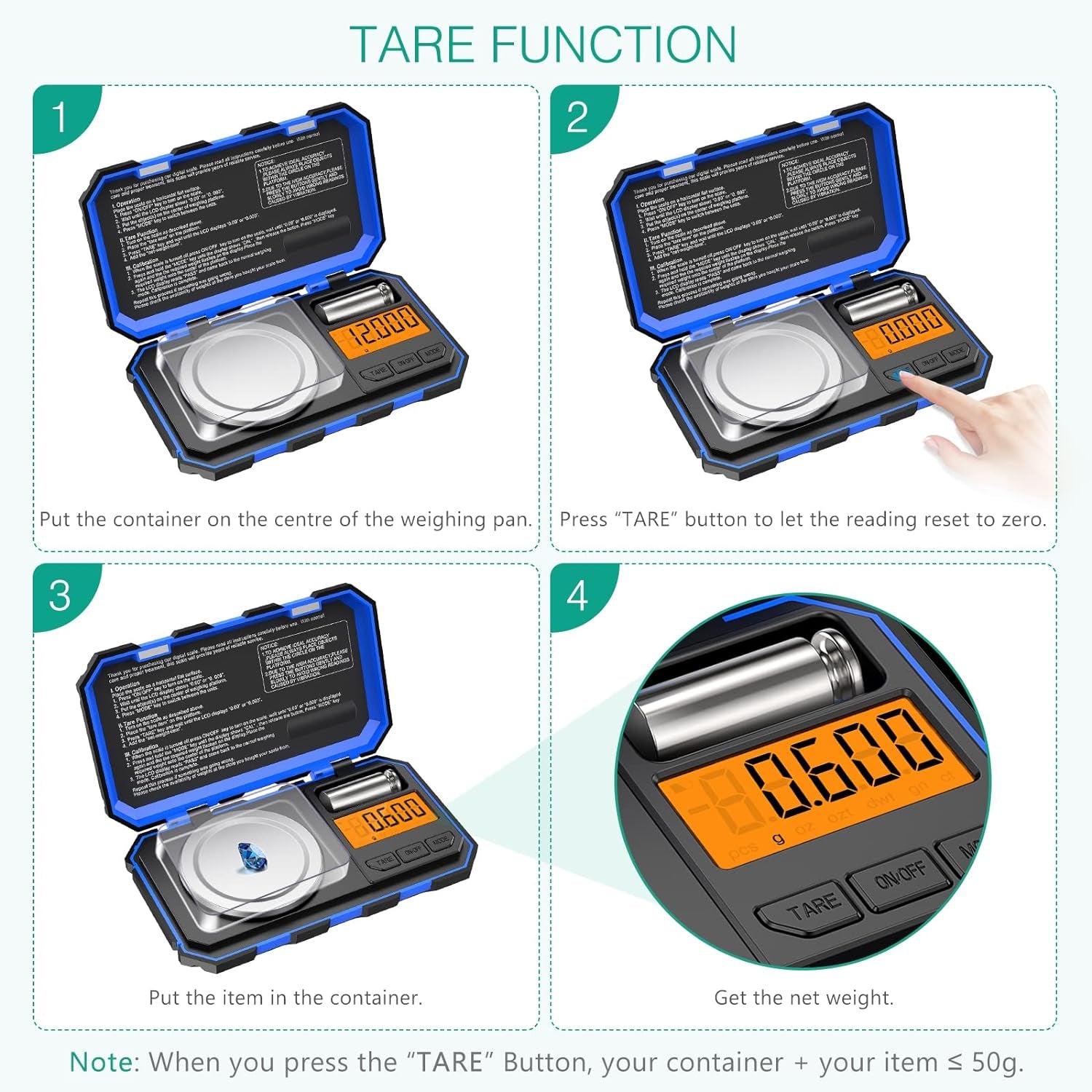 Báscula Digital De Precisión 50G/0.001G,  Mini Bilancia Da Cucina Con Peso Di Calibrazione 50 G E Pinzette, Bilancia Tascabile Con Display Tara E Retroilluminato (Batterie Incluse) - Blu