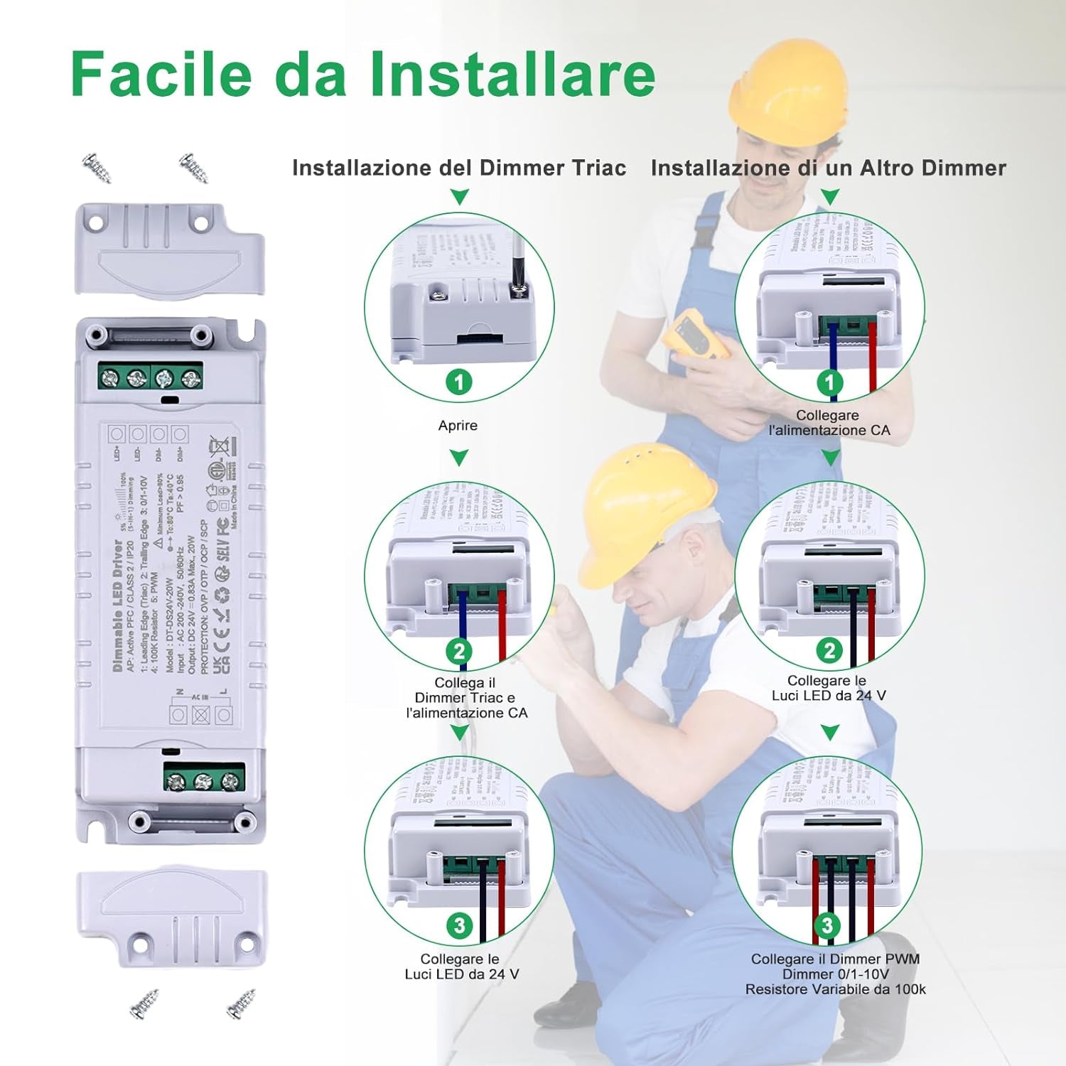 Trasformatore LED 24V 20W Dimmerabile Triac & 0-10V&1-10V & PWM & Resistenza Da 100K Alimentatore 24V 0.83A Di Tensione Costante Driver LED AC 220V to DC Trasformatori Di Bassa Tensione