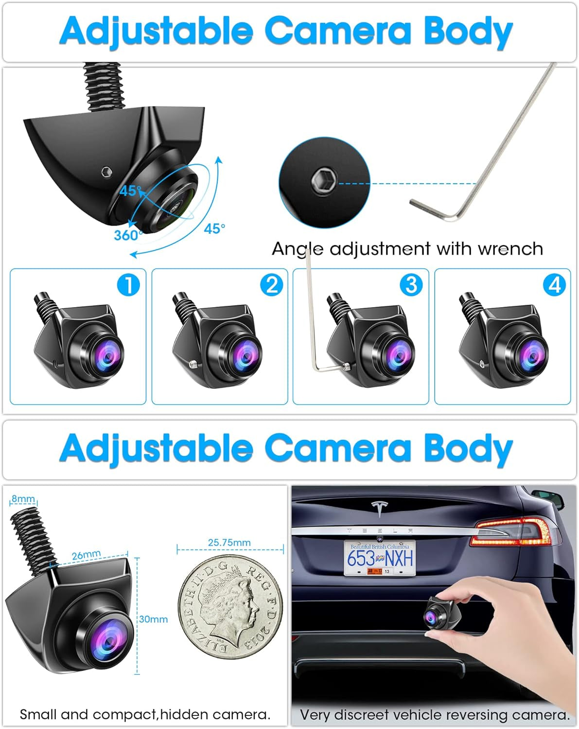 Telecamera Posteriore Auto AHD 720P Telecamera Retromarcia Con Rotante 360°+45° Lente Retrocamera Auto 170° Grandangolo Retrocamera IP69 Impermeabile Universale NTSC Telecamera per Auto [25Fps]