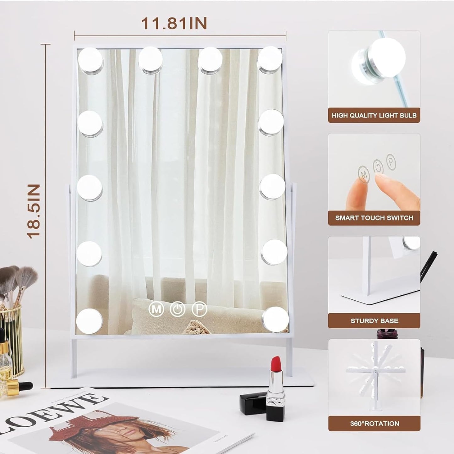 Specchio Da Trucco Con Luci Luce Hollywood Specchio Con a 3 Colori E 12 Lampadine a LED Dimmerabili Specchio Hollywood Da Tavolo Touch Screen Regolabile a 360 Gradi