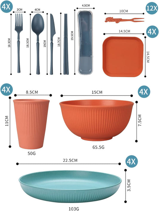 Set Di Stoviglie Infrangibili per 4 Persone, Set Di Piatti E Ciotole in Plastica Set Di Stoviglie Riutilizzabili, Set Da Tavola 4 Piatti Piani,4 Piatti Da Dessert,4 Ciotole,4 Tazze,16 Set Di Posate