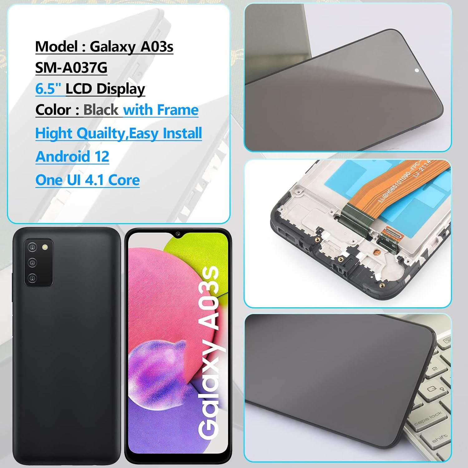 Nero+Telaio Schermo per Samsung Galaxy A03S SM-A037G LCD Display Touch Screen Digitizer Ricambio Assembly Con Utensili Inclusi E per Galaxy A03S SM-A037G Vetro Temperato