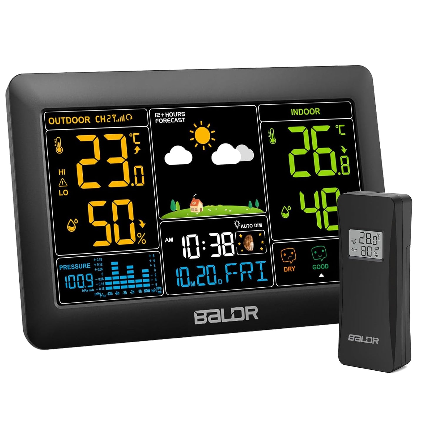 Stazione Meteo Radio Con Sensore Esterno DCF, Ampio Display a Colori Con Temperatura Interna Ed Esterna, Illuminazione Dimmerabile, Previsioni Meteo, Indicatore Di Pressione Dell'Aria