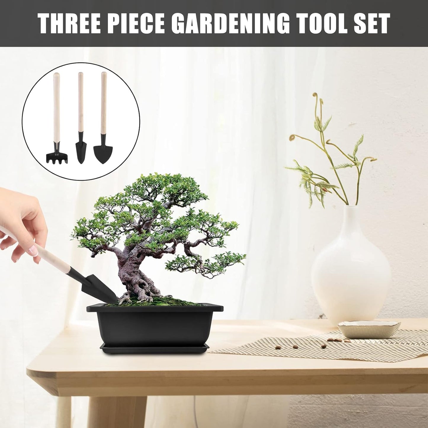 Set Di 6 Vasi in Plastica per Bonsai Con Vassoi: Vasi Rettangolari in Plastica per Bonsai Con Set Di Attrezzi Da Giardino, Vaso Da Fiori in Plastica per Bonsai per Soggiorno,Ufficio,Balcone,Giardino