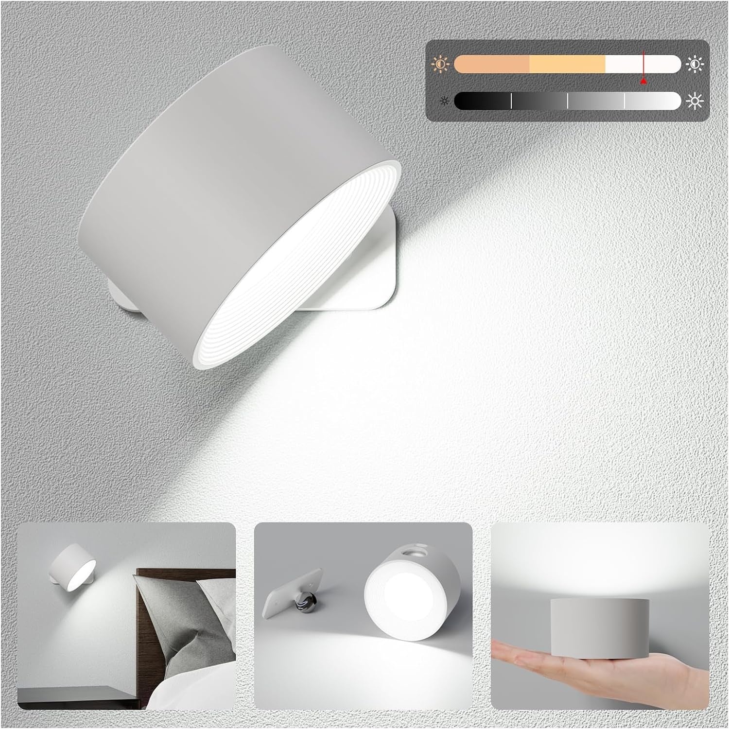 Lampade Da Muro,3 Luminosità Applique a Batteria Con Luce Calda/Naturale/Bianca,Tocca Il Controllo Abat Jour Da Muro,360 °Ruota Luci Da Parete per Camera Da Letto Soggiorno