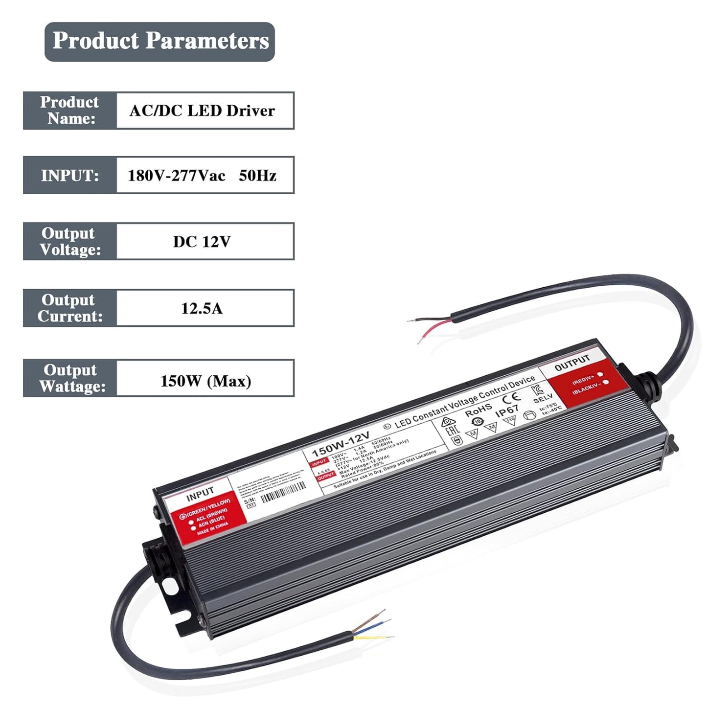 Trasformatore LED 12V 150W IP67 Impermeabile Alimentatore LED Driver 12.5A Slim Transformer AC 220V a DC 12V LED Netzteil Interruttore Adattatore,Trasformatori Tensione Costante Bassa Tensione