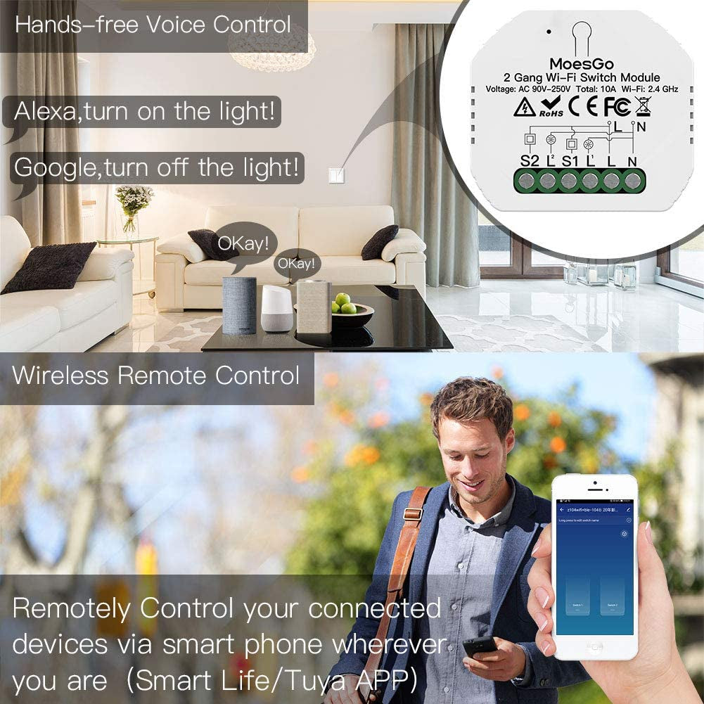 Smart Wifi Switch Interruttore Wireless Modulo Rele Telecomando Alexa E RF433 per Interruttori 2 Gang E 1/2 Vie, Compatibile Con L'App Smart Life Tuya Alexa Google Home