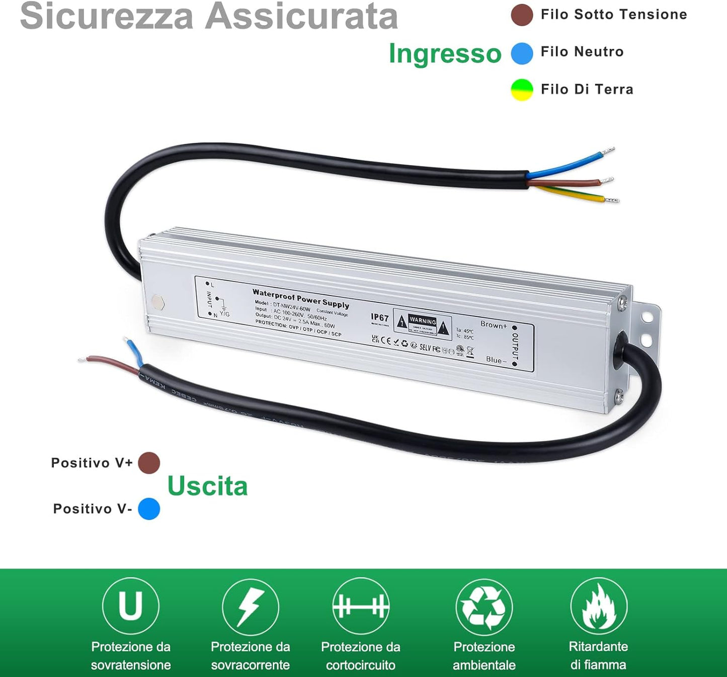 Trasformatore LED 24V 60W Alimentatore 2.5A Impermeabile IP67 Driver LED AC 100-260V a DC 24V Trasformatori Da Esterno Adattatore LED a Tensione Costante LED Power Supply Bassa Tensione