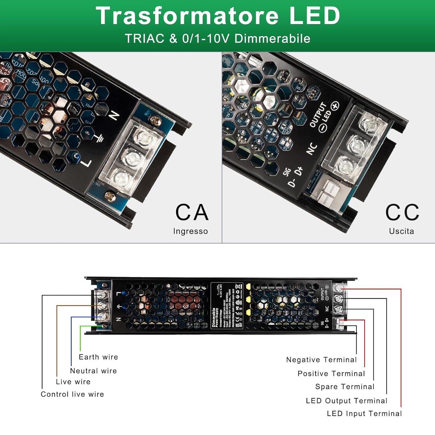 Trasformatore LED Dimmerabile 24V 100W, 0/1-10V E Dimmerazione a TRIAC, Alimentatore 24V 4.17A Di Tensione Costante, Driver LED Di Bassa Tensione per Strisce LED, Luce Dell'Armadio