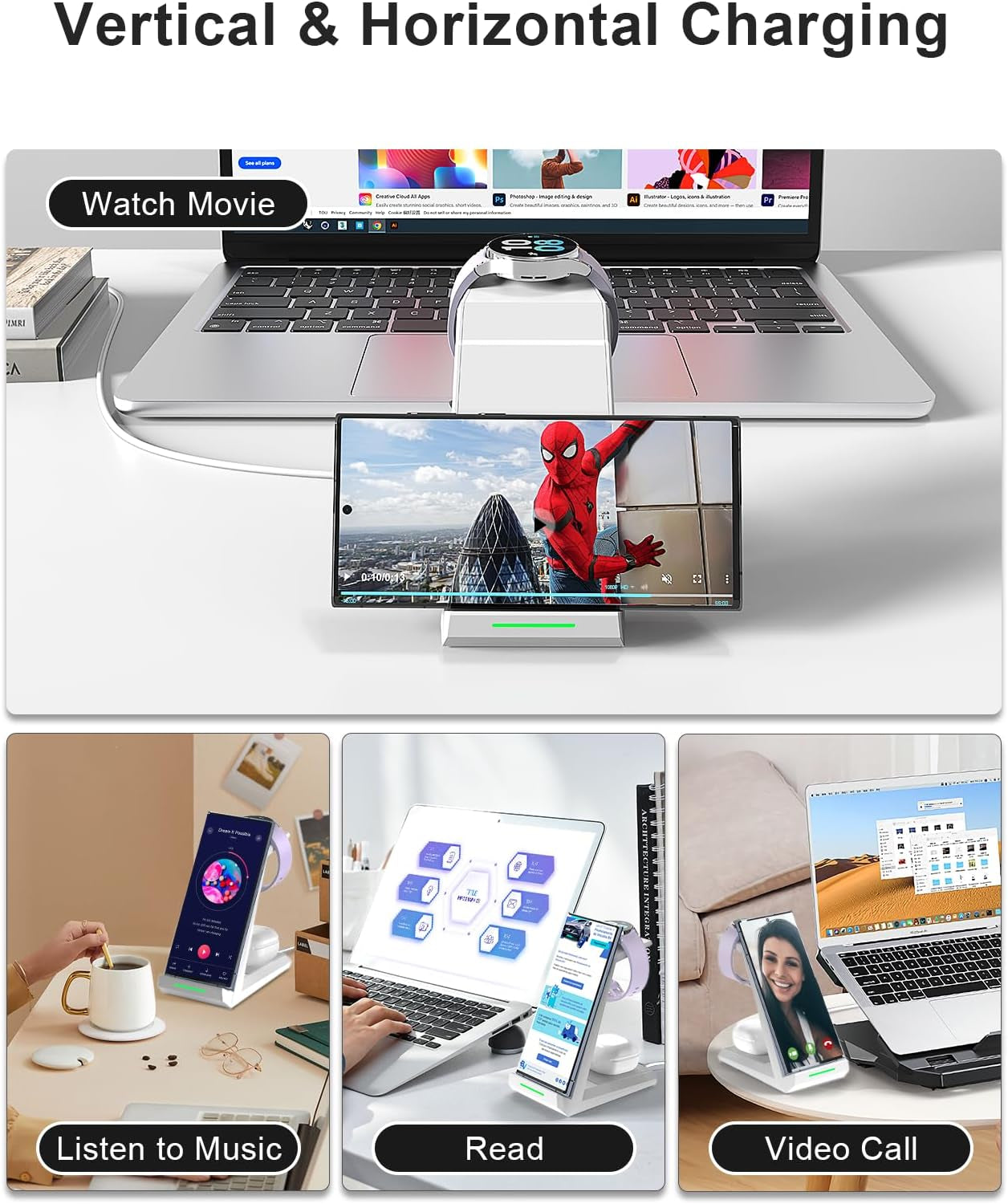 AD - Caricatore Senza Fili 3 in 1, Compatibile Con Galaxy Watch 6/5/5 Pro/4/3/Active 2, per Samsung S24 S23 S22 Ultra S21 Note 20 Galaxy Buds (Bianco1)