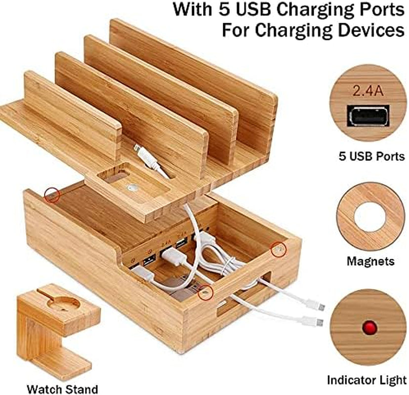 Stazione Di Ricarica USB, Ricarica Multipla per Più Dispositivi, Smartphone, Caricabatterie per Più Telefoni Cellulari, Ricarica USB, in Bambù, Tablet