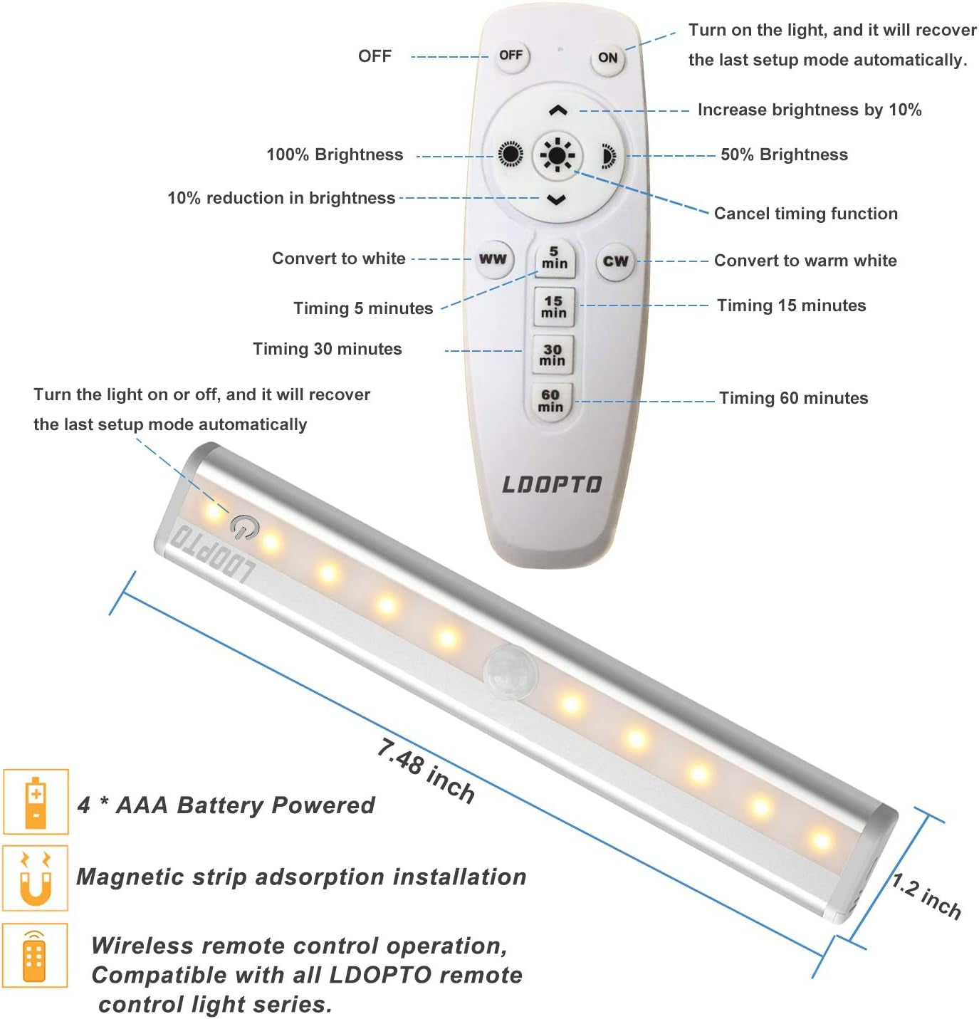 Luce Con Telecomando Senza Fili 3 PACK  Luci Led a Batteria Con Telecomando, Luci Da Notte Portatili Con Nastro Adesivo Magnetico Da Fissare Ovunque/Luminosità Regolabile/Timer per Spegnimento