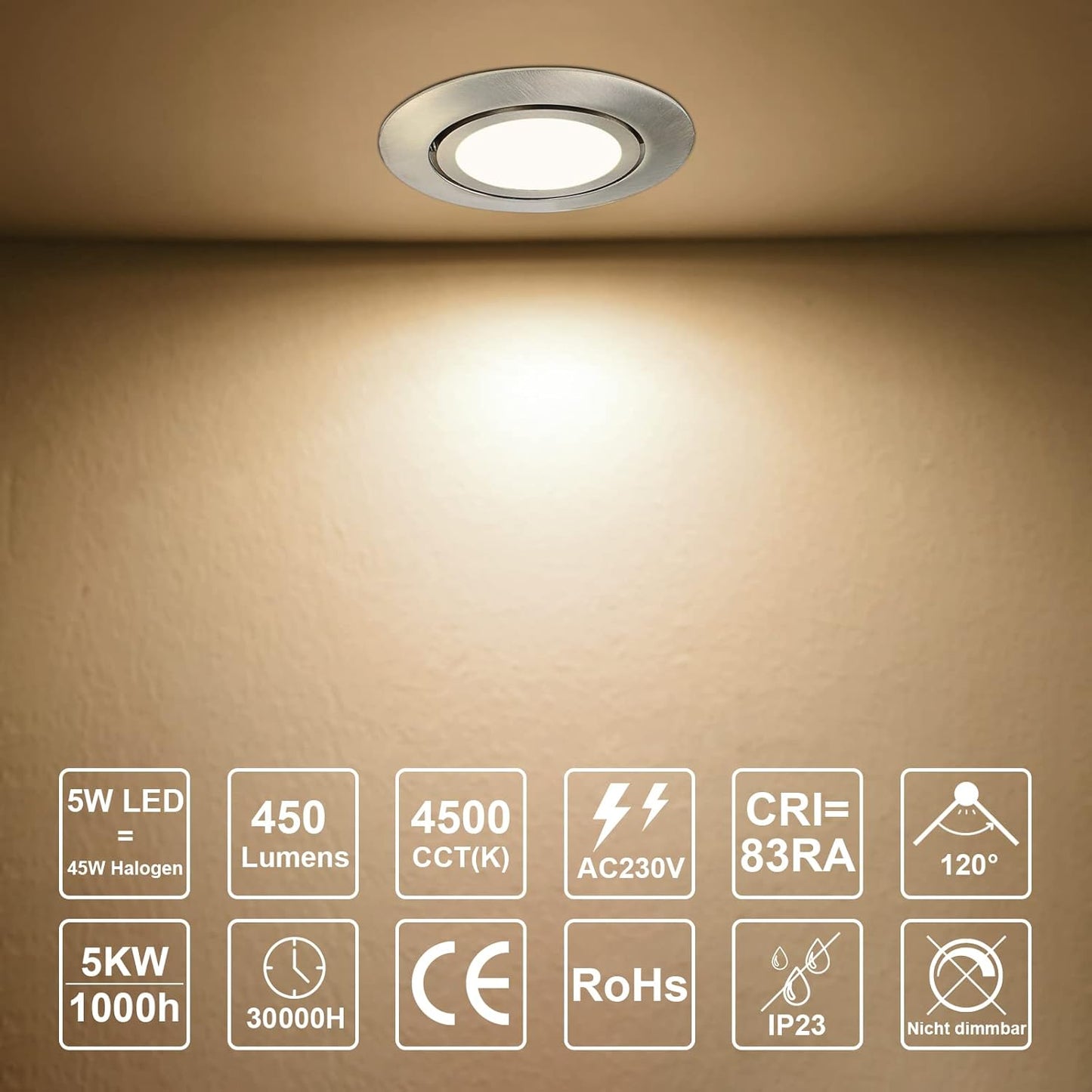 6X 5W Faretti LED Da Incasso per Cartongesso Orientabile 40°,450LM Luce Naturale,Foro 70-75Mm per Interno Cucina,Ultra Slim 30Mm,Faretti Led Soffitto 220V