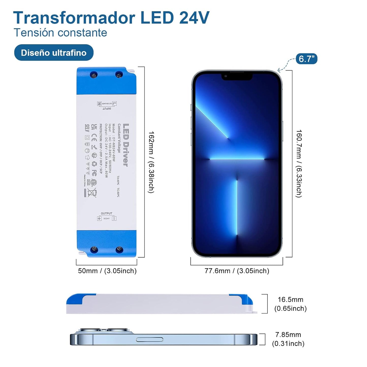 Trasformatore LED 24V 2.5A, 60W AC 220V a 24 Volt DC Alimentatore LED, Ultra Sottile Stabilizzato LED Driver Tensione Costanten, Adattatore per Lampadine LED G4 MR11 MR16, Strisce LED,