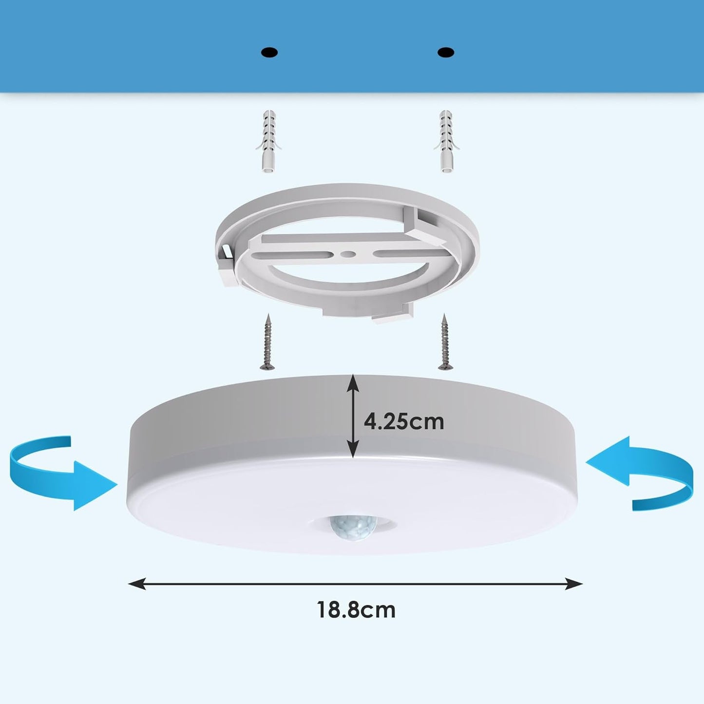 Plafoniera Sensore Di Movimento Ø18.8CM Plafoniera Soffitto Con Rilevatore Di Movimento AUTO/ON/OFF 7500Mah Ricaricabile 5000K Ultrasottile 4,9 Cm Resa Cromatica ≥80 per Corridoi,Scale,Garage