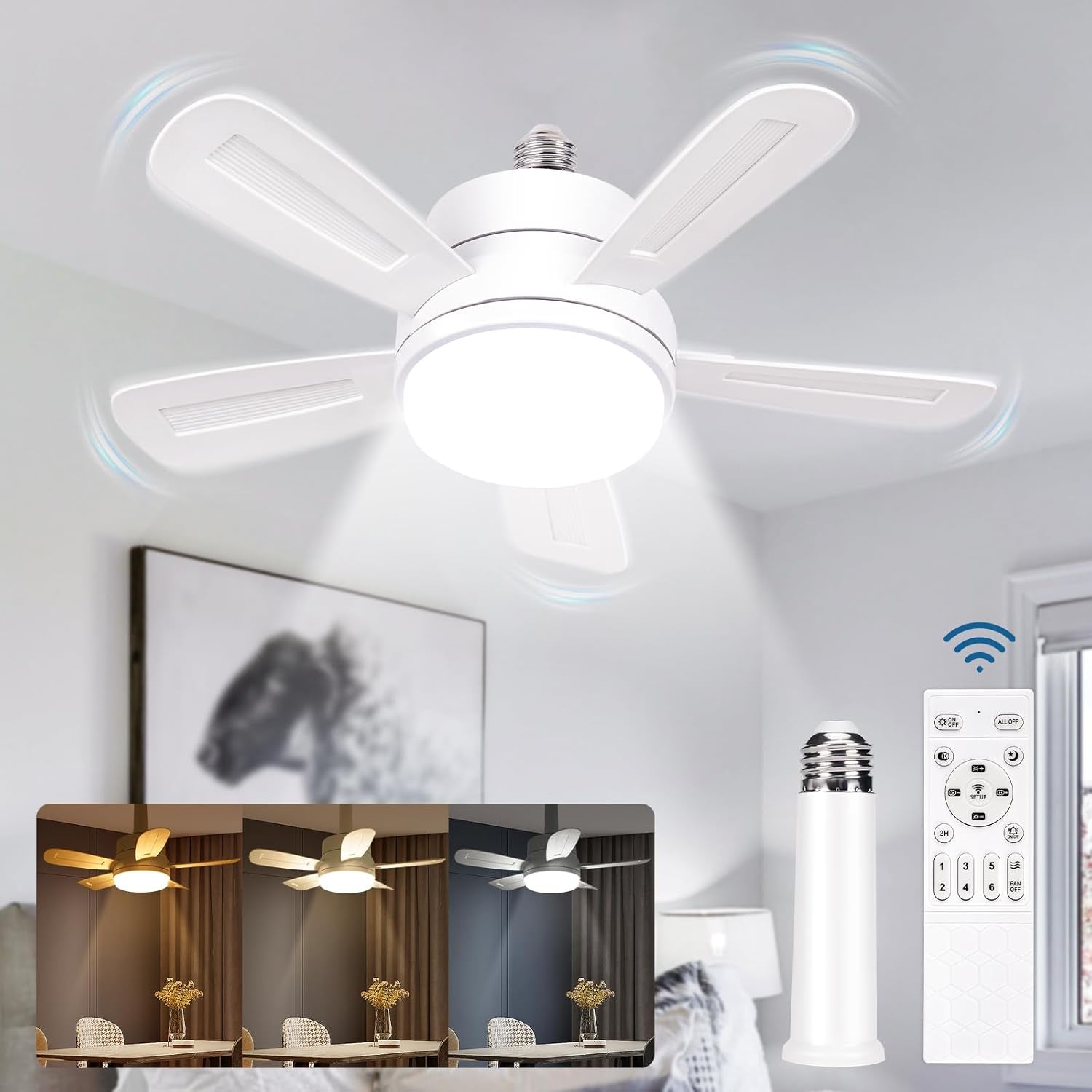 Ventilatore Da Soffitto Con Luce E Telecomando, Lampadario Ventilatore Silenzioso LED Dimmerabile, 3 Temperature Di Colore 3000K-6000K Lampada Con Ventilatore Da E27, 5 Pale, 6 Velocità