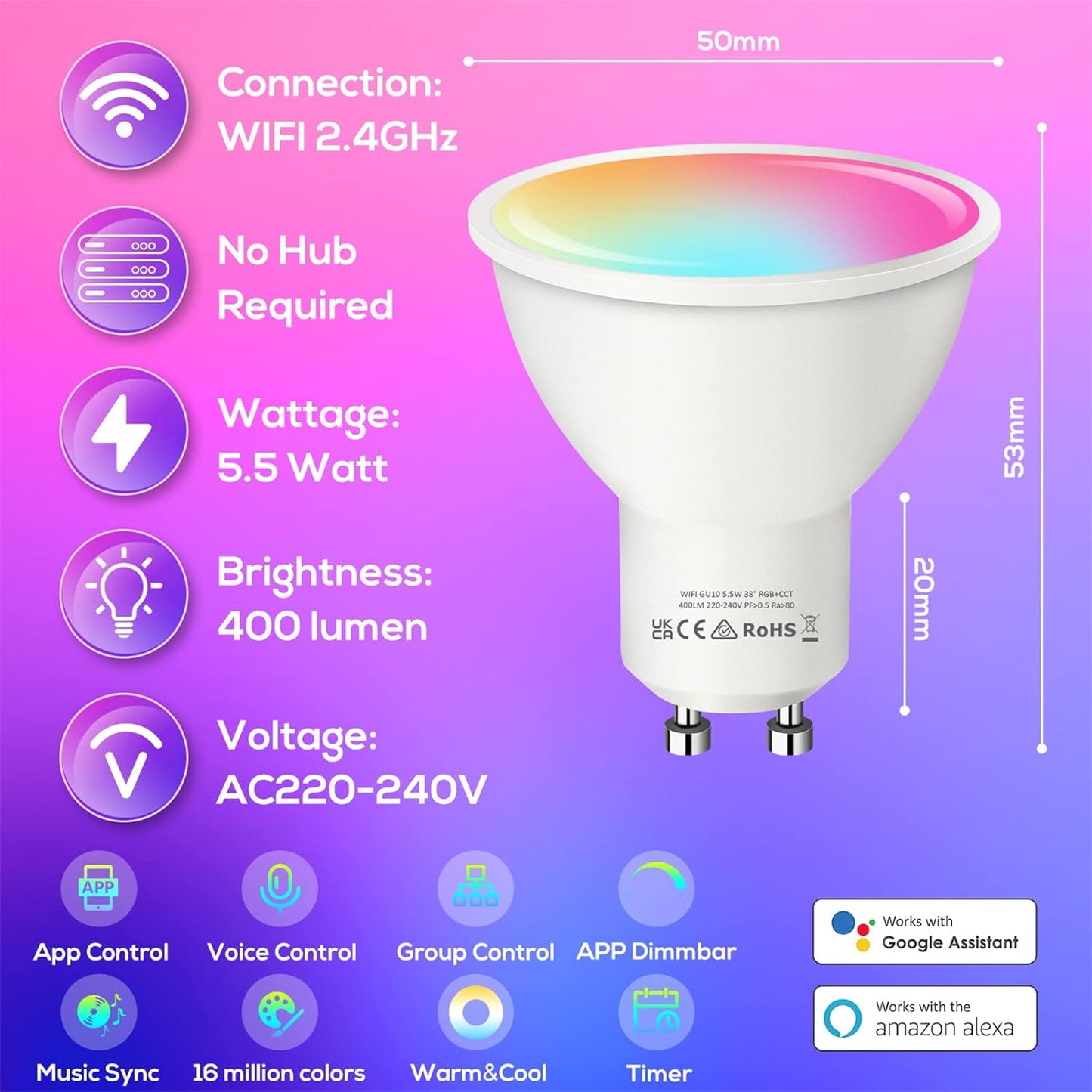 Lampadina Alexa GU10 Lampada LED intelligente, Lampada LED RGB dimmerabile da 5,5 W WiFi Lampadina intelligente, Controllo app Smart Life Compatibile con Alexa/Google Home, Bianco caldo-bianco freddo e lampadina multicolore, confezione da 4