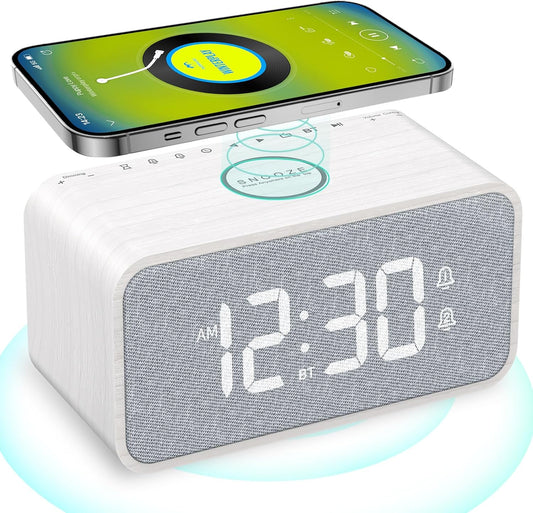 Radiosveglia in Legno Con Stazione Di Ricarica Induttiva, Altoparlante Bluetooth Da 10W, Stazione Di Ricarica Wireless per Iphone/Samsung, Doppio Allarme, Display Dimmerabile Da 0 a 100%