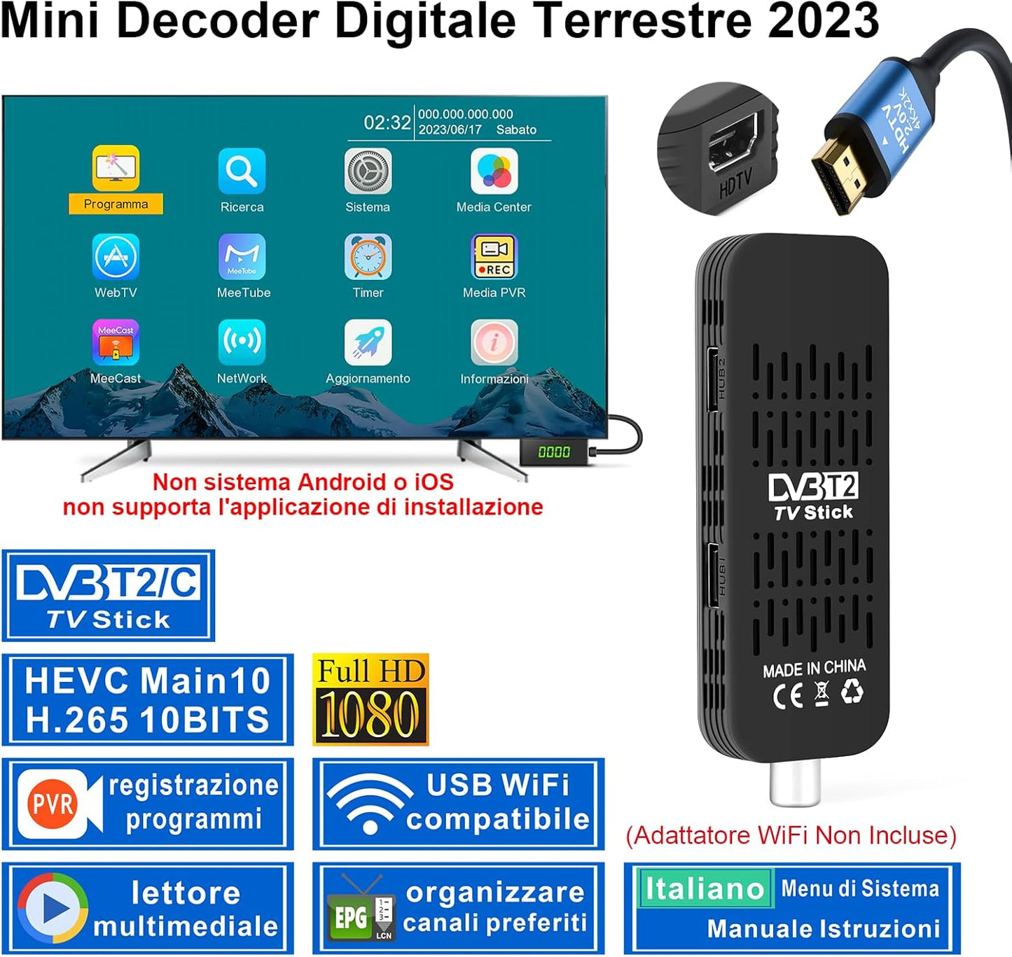 Q265 Mini Decoder Digitale Terrestre 2024 Con USB PVR Registrazione E Lettore Multimediale, Decoder DVB-T2 Con Telecomando 2In1 E H265 HEVC Main10, Supporto USB Wifi/Usb Tethering