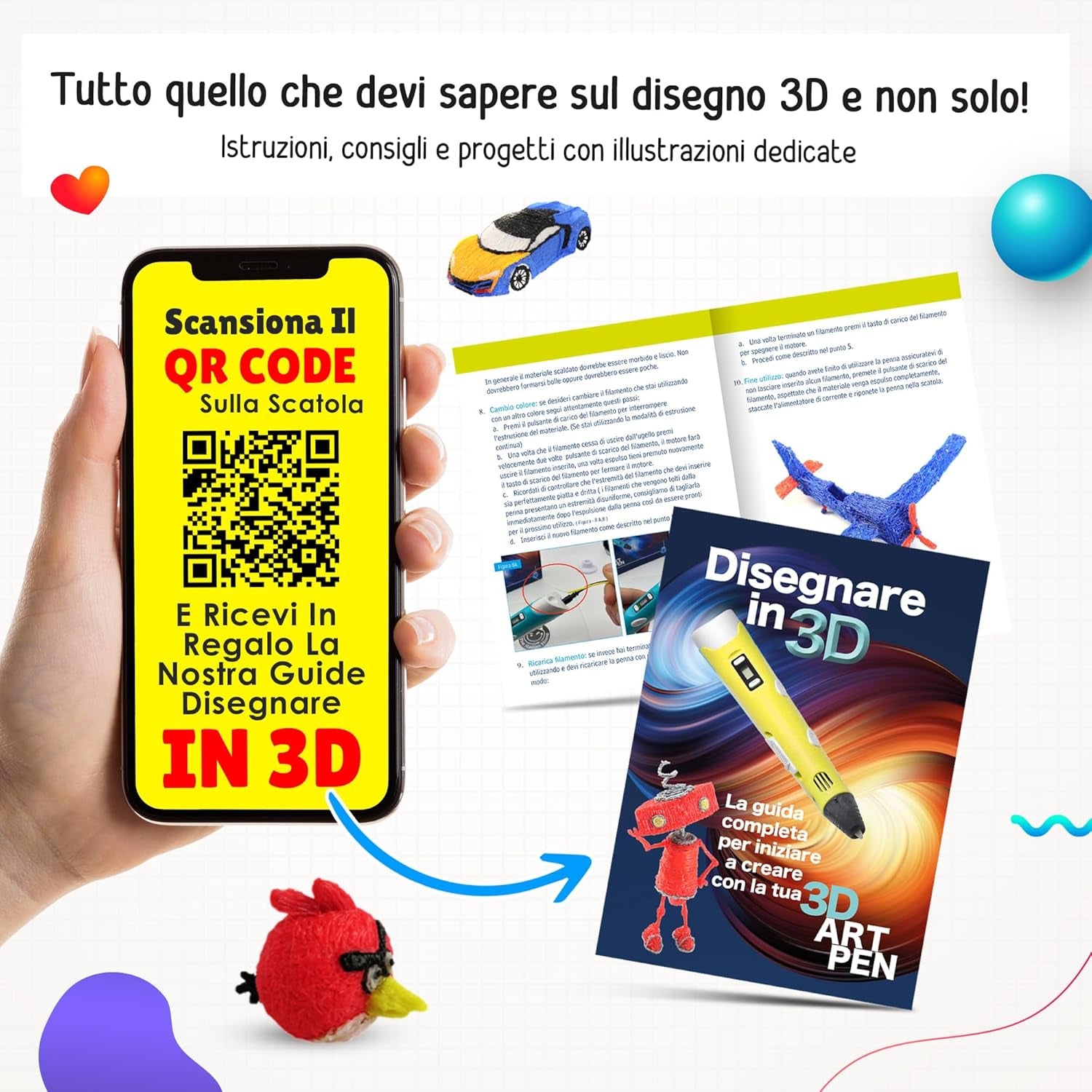 ® Penna 3D plus + Filamenti PLA 20 Colori (4 Fluoerescenti) + Istruzioni in Italiano E Guida Illustrata in Omaggio, Penna 3D Professionale, Cose Utili, Idee Regalo