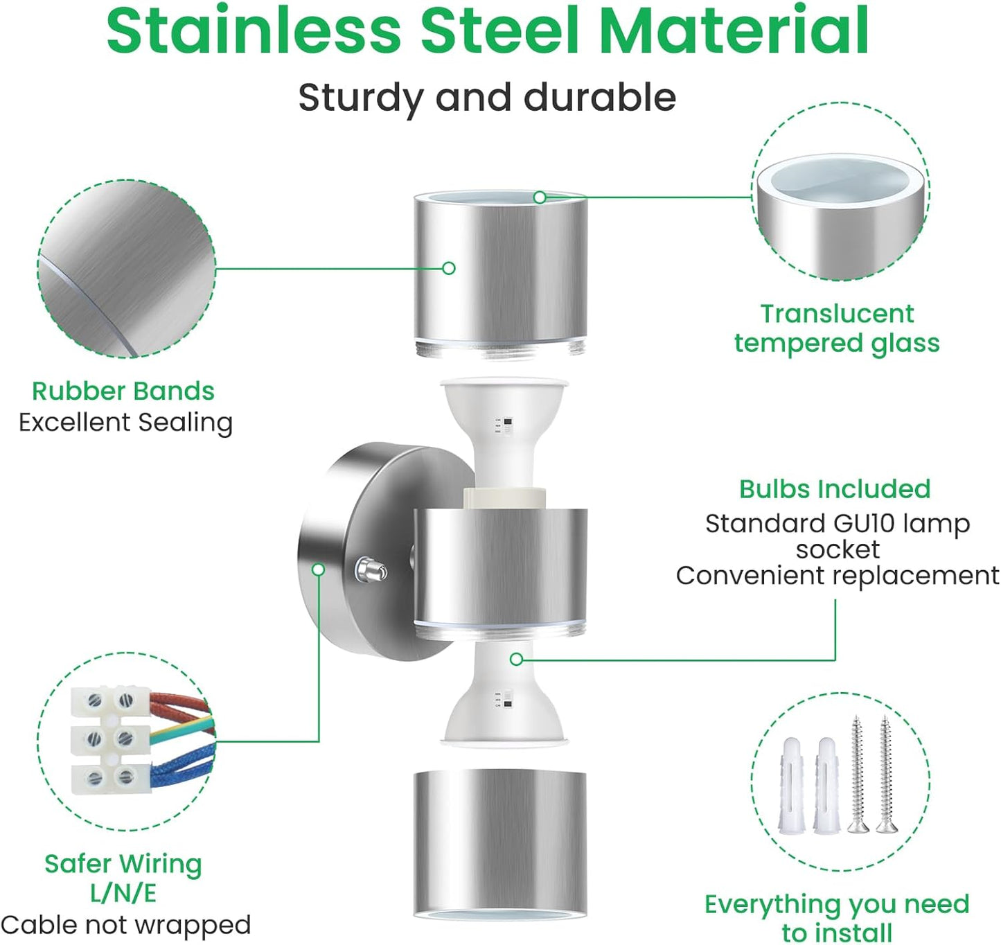 Acciaio Inox LED Lampade Da Parete Applique Da Esterno 8W 750LM up down Applique Da Parete Esterni, Con 2X Lampadine GU10 Variabile 3000K 4000K 6000K, IP65 Impermeabile per Portico Giardino, Argento
